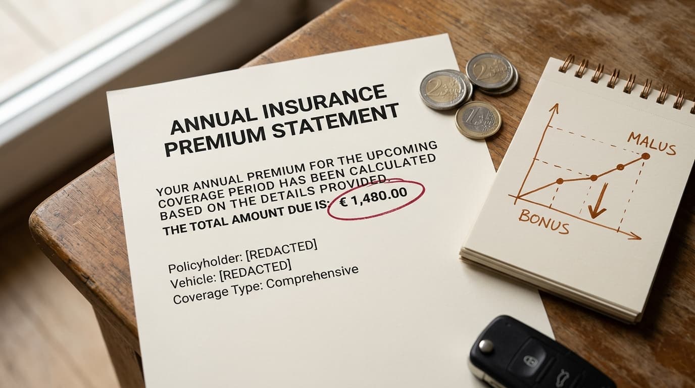 Relevé de prime d'assurance auto et pièces en euros posés sur un bureau, illustrant les facteurs qui font varier le prix
