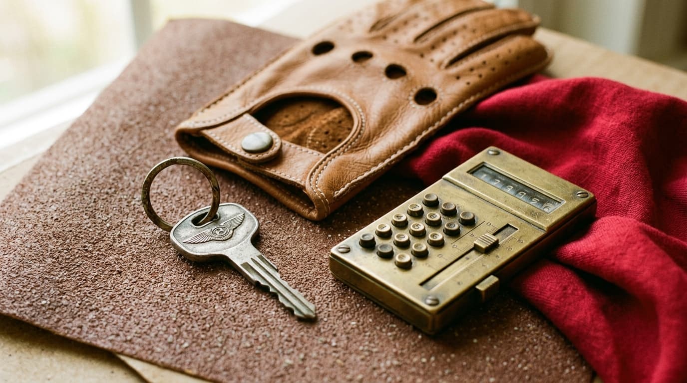 Vintage car key, leather driving glove and a small brass calculator on sand-coloured paper
