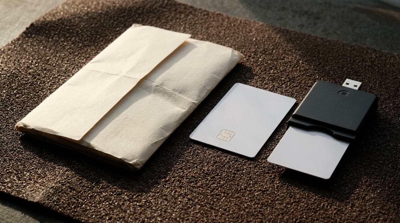 Folded administrative document, identity card and card reader on sand-coloured paper, editorial still life