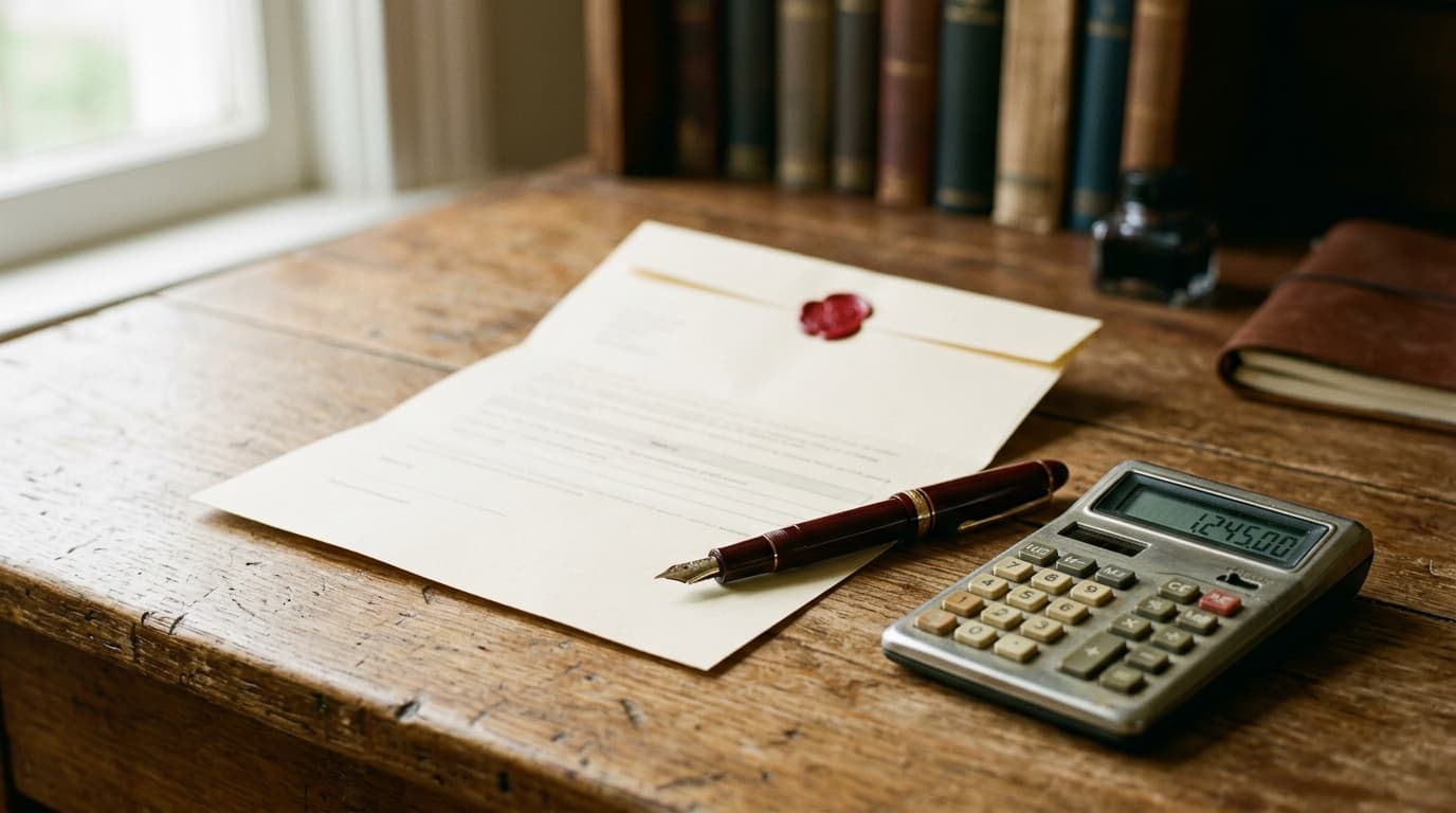 Car insurance renewal notice, pen and calculator on a light table, editorial still life