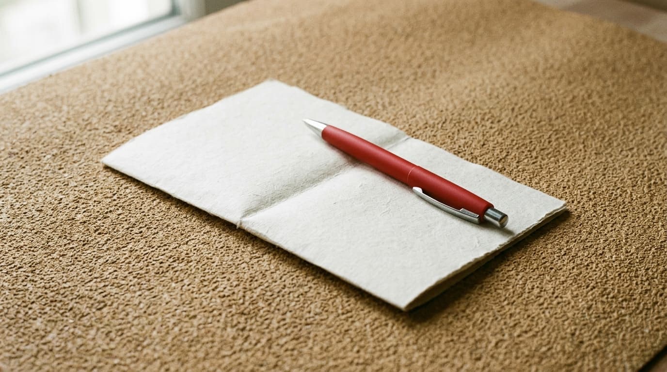 Formulaire papier plié, stylo rouge et petite horloge sur fond sable, nature morte éditoriale