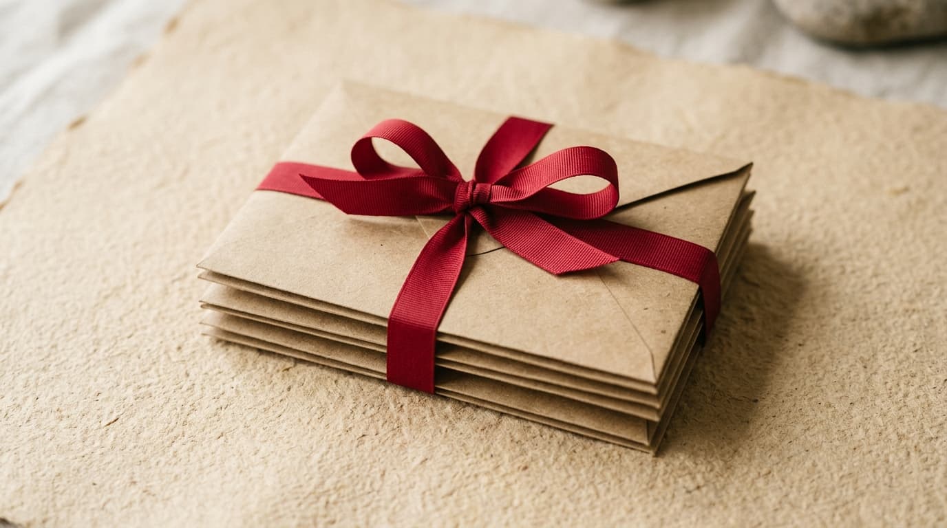 Trois enveloppes kraft empilées avec un ruban rouge, nature morte éditoriale sur fond papier sable
