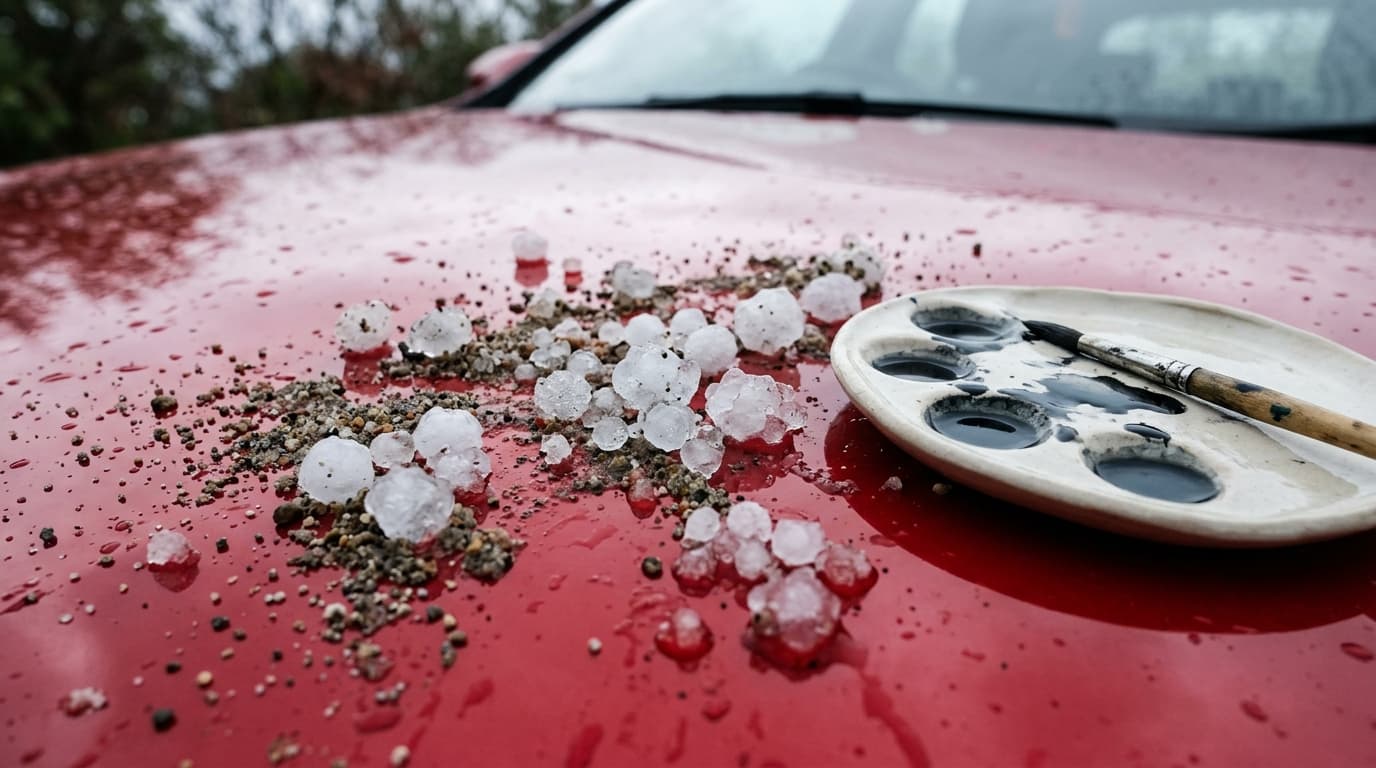 Hailstones scattered on the pale bonnet of a car, editorial still life in daylight