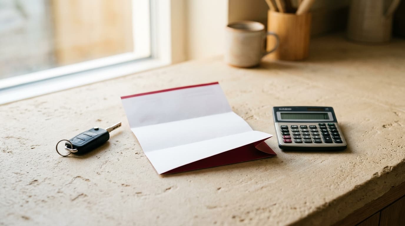 Car key, renewal notice and calculator on a light worktop, editorial still life