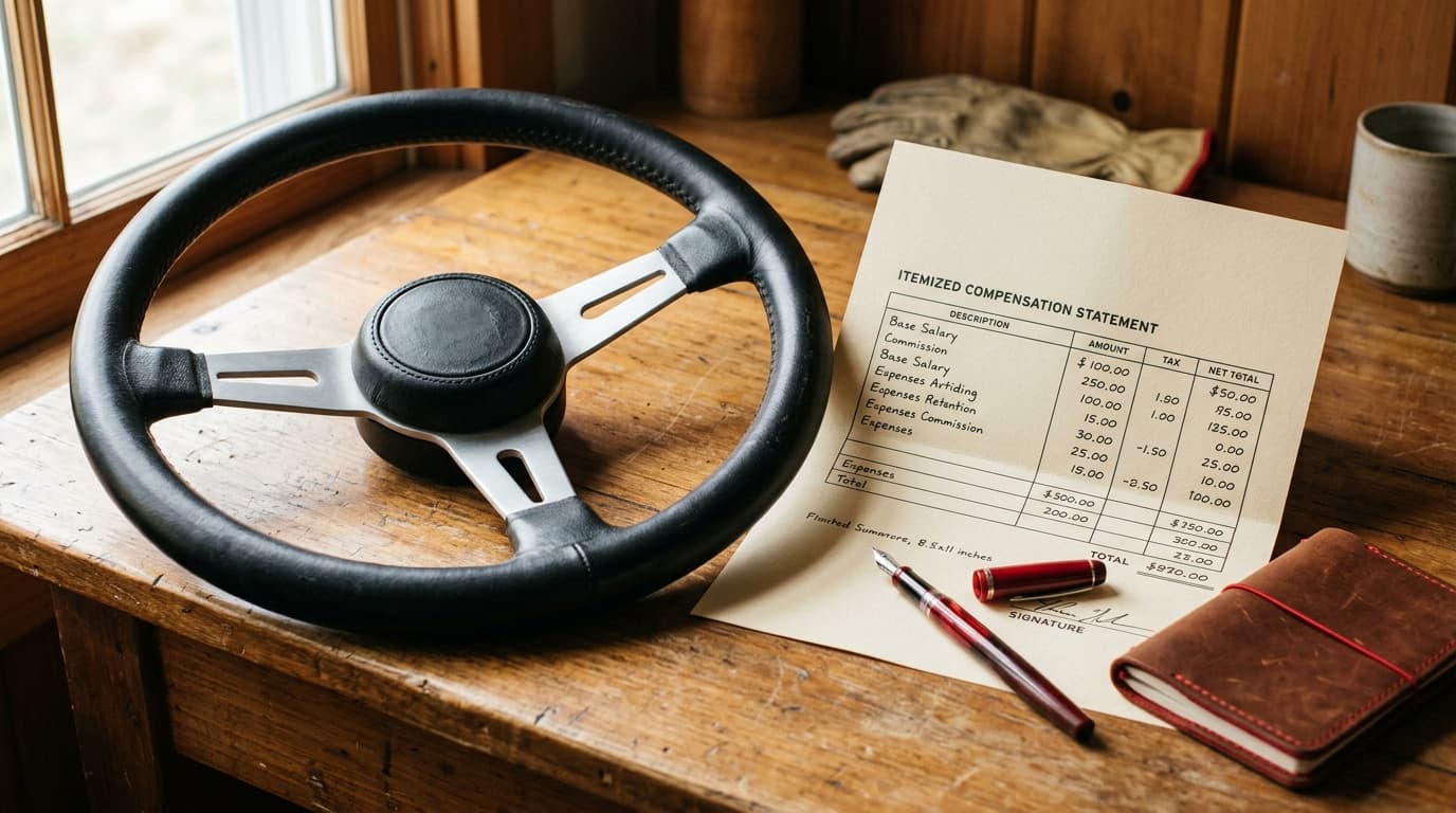 Car steering wheel and an itemised compensation statement on a warm paper desk, editorial illustration