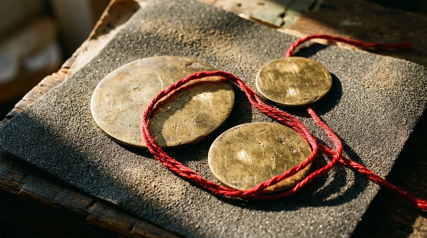 Trois jetons de laiton de tailles inégales alignés sur un plan de travail sable, nature morte éditoriale
