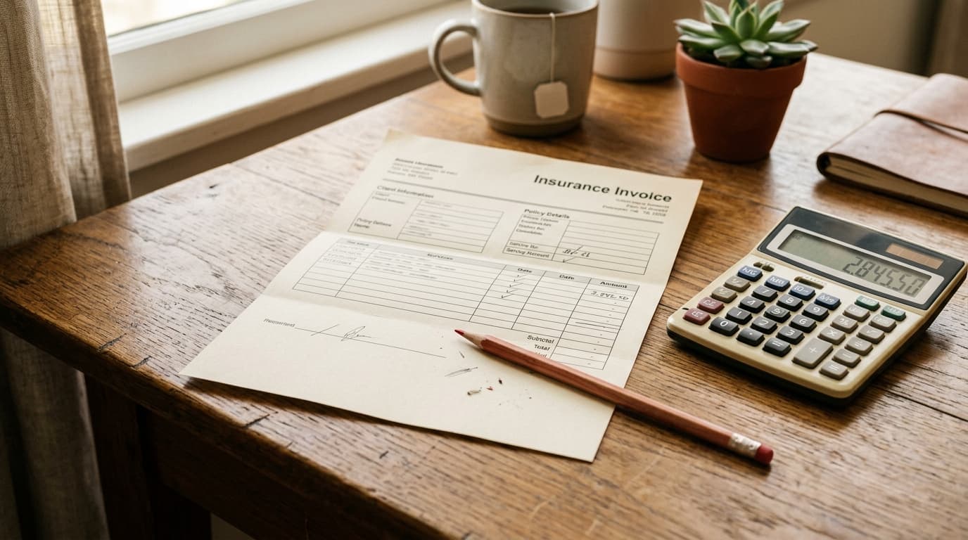Insurance renewal notice, calculator and red pencil on a light desk, editorial illustration